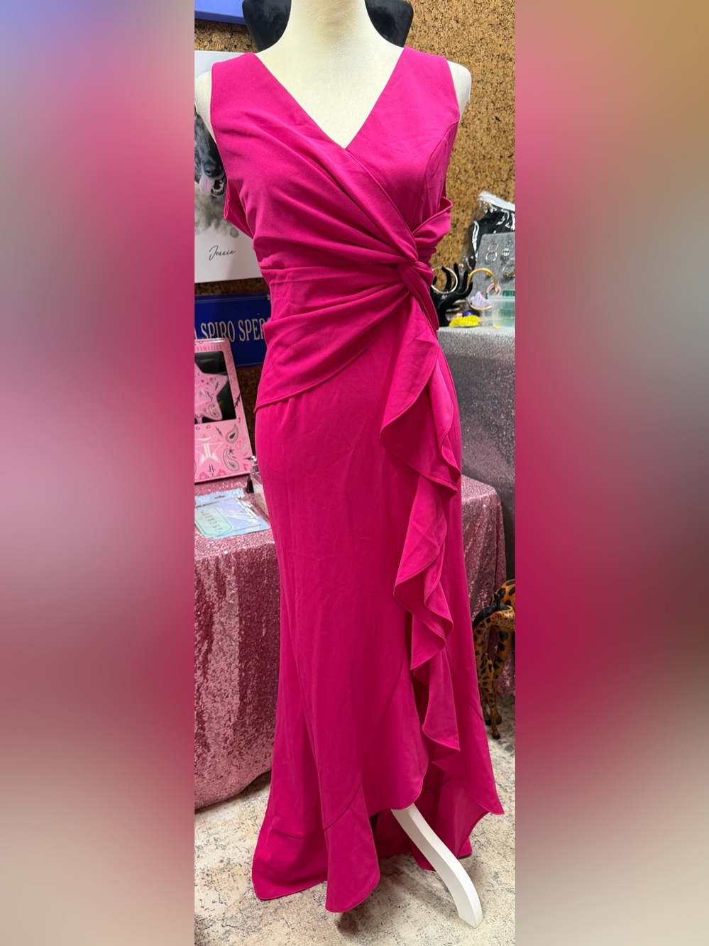 Sleeveless Fuchsia Ruffle Wrap Evening Dress, NWT